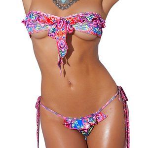 Lycra bandeau top bikini with a matching g-string bottom with ruffle trim.